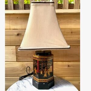 Vintage Chinoiserie Tea Canister Table Lamp Octagonal Black & Gold Asian Decor